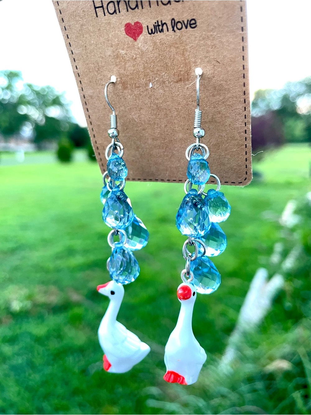 Handmade Blue Rain Drops Silly Goose Charm Drop Earrings